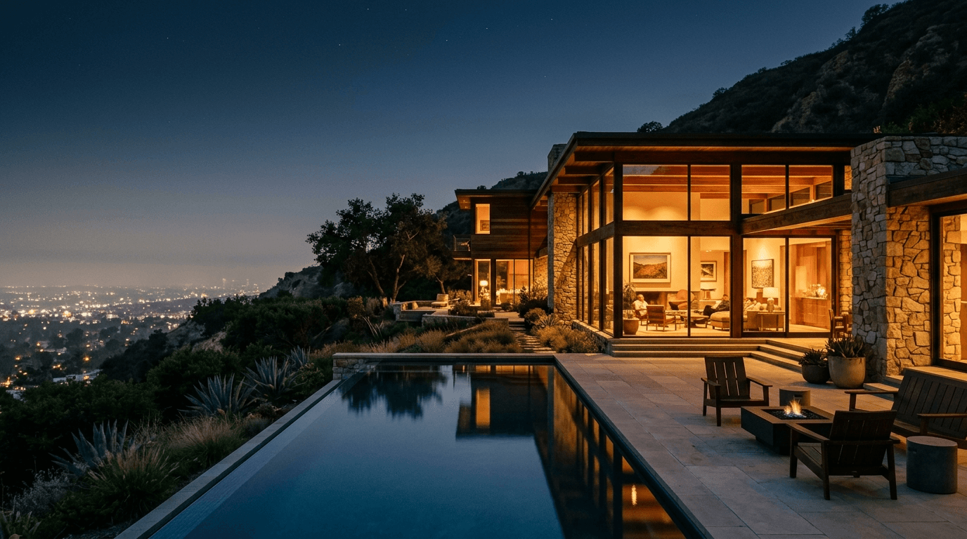 Modernist Los Angeles hillside estate at dusk